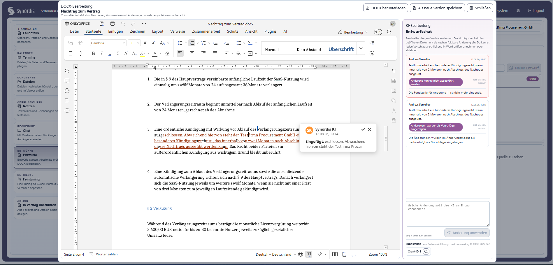 Synordis KI-Dokumentbearbeitung im geöffneten Vertrag