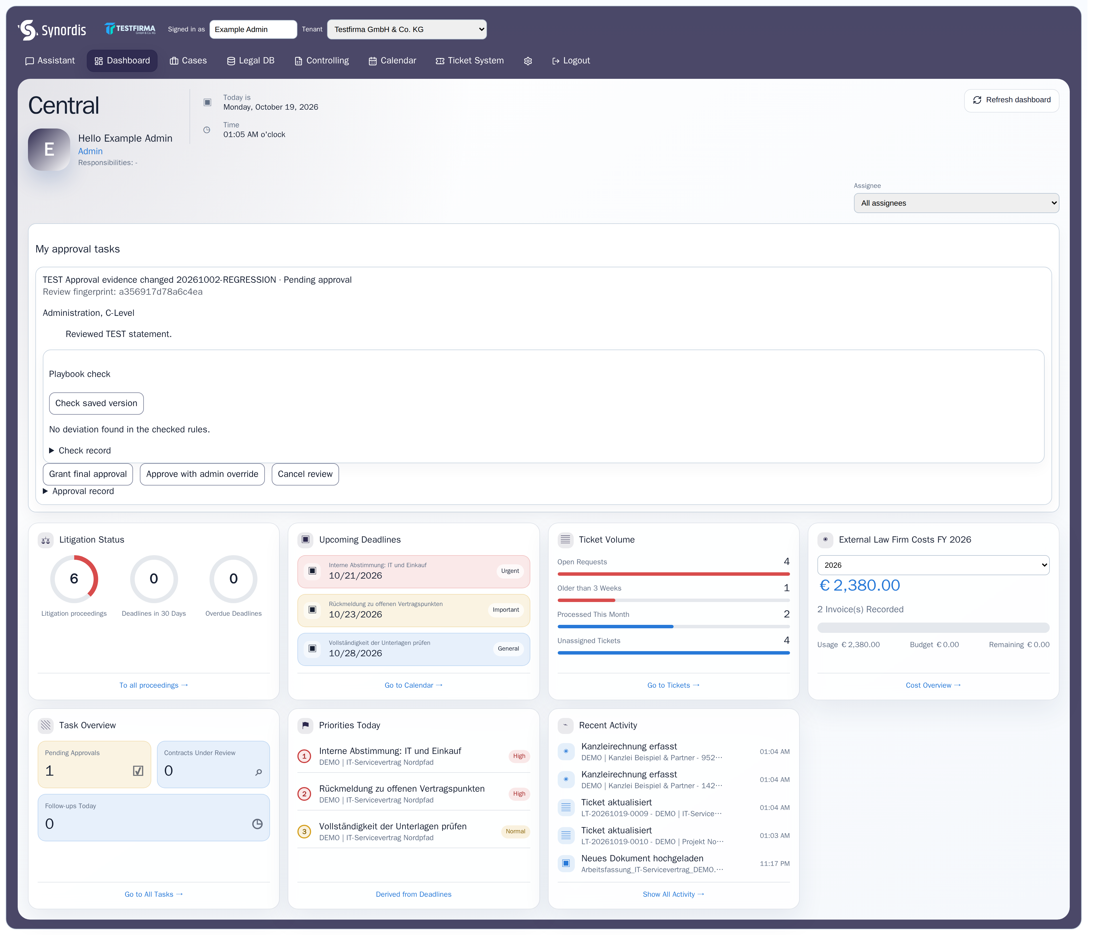 Synordis-Dashboard mit offenen Vorgängen, Fristen und Aufgaben