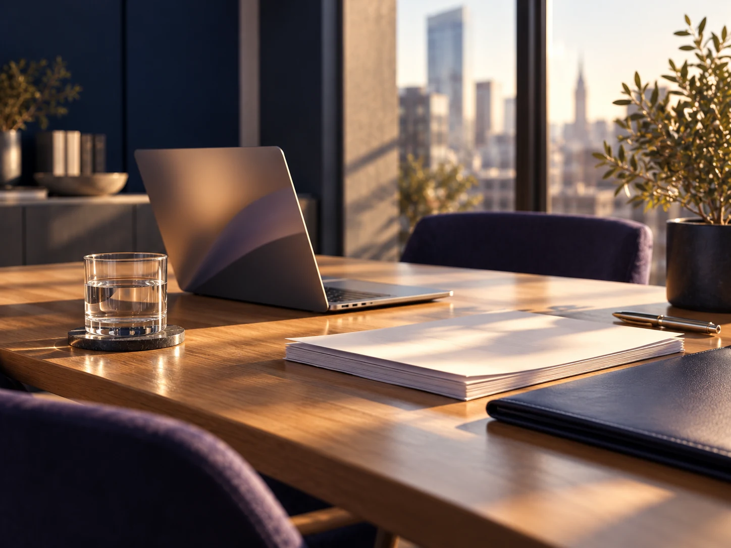 Illustrative Arbeitsszene: Laptop und Vertragsunterlagen im warmen Nachmittagslicht